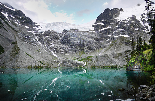 Glacier on a mountain peak. Streams of glacial water flow down into the turquoise Joffre Lake. The mountains are reflected in the lake. Joffre Lakes Provincial Park
