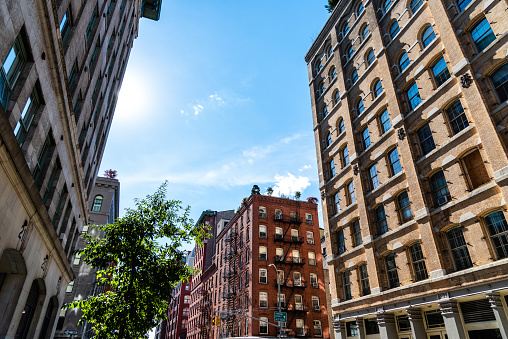 Low angle view of luxury apartment buildings in Tribeca North District of New York City