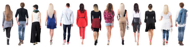 Group of different people walking away back view full body isolated