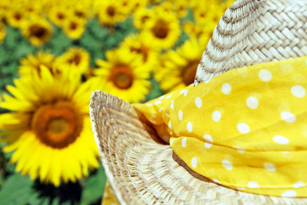 An Indonesian woman in a flowerbed of Black-Eyed Susan on a hot, summer, sunny day. She is wearing a straw sun hat and a white top.