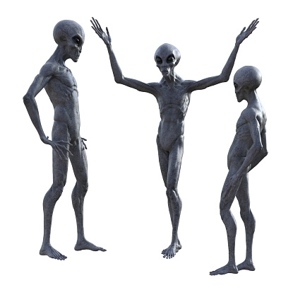 3d illustration of two gray aliens watching another extraterrestrial with hands in the air as if talking isolated on a white background.