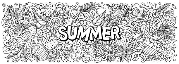 ilustrações de stock, clip art, desenhos animados e ícones de summer hand drawn cartoon doodle illustration. - tree single word green fruit