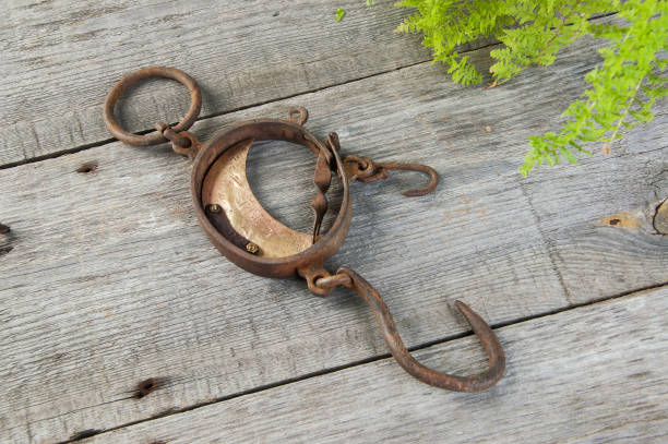 Antique brass iron rusty hand scales with hooks  on wooden background. Copy space for text.