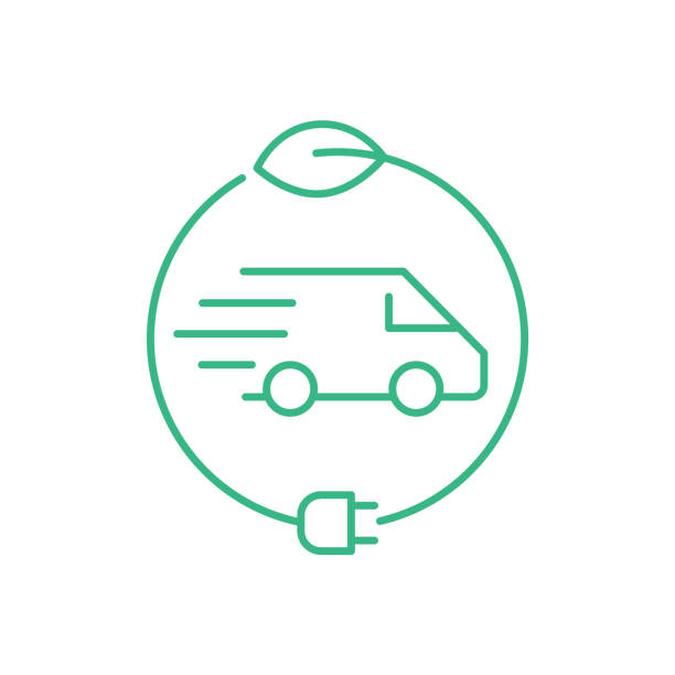 zielony elektryczny samochód dostawczy. pojazd transportowy wewnątrz koła z liść i wtyczkę elektryczną. - delivery van truck delivering moving van stock illustrations