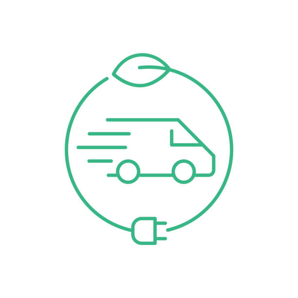 Green electric delivery van. Transportation vehicle inside circle with leaf and an electric plug. Environmental friendly mode of transport. Fast efficient delivery. Vector illustration, flat, clip art. zero emission vehicle stock illustrations