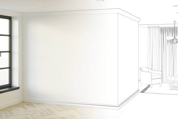 istock The sketch becomes a real empty bright hall with a window, blank mockup wall, parquet floor, and living room in the background. 1323006793