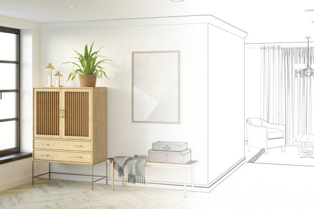 The sketch becomes a real hall with a window, a vertical poster over a wooden bench with suitcases, a flower in a wicker basket on a chest of drawers, a living room in the background. 3d render dresser domestic room entrance hall home interior stock pictures, royalty-free photos & images