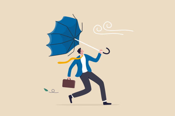 Business difficulty or obstacle in economic crisis, mistake or accident causing problem or failure, depressed and anxiety concept, frustrated businessman holding broken umbrella in strong wind storm. Business difficulty or obstacle in economic crisis, mistake or accident causing problem or failure, depressed and anxiety concept, frustrated businessman holding broken umbrella in strong wind storm. typhoon stock illustrations