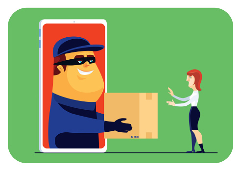 vector illustration of scammer holding parcel and meeting woman via smartphone