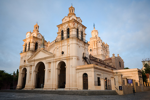Catholic church located in center of Cordoba, Argentina called Catedral de Cordoba Nuestra Senora de la Asuncion. Ancient cathedral in historical area near Plaza San Martin at sunrise without people