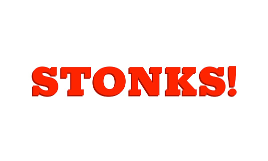 Red inscription Stonks isolated on white background. A modern Internet meme, a neologism meaning a sharp rise in stocks. Business and finance concept.
