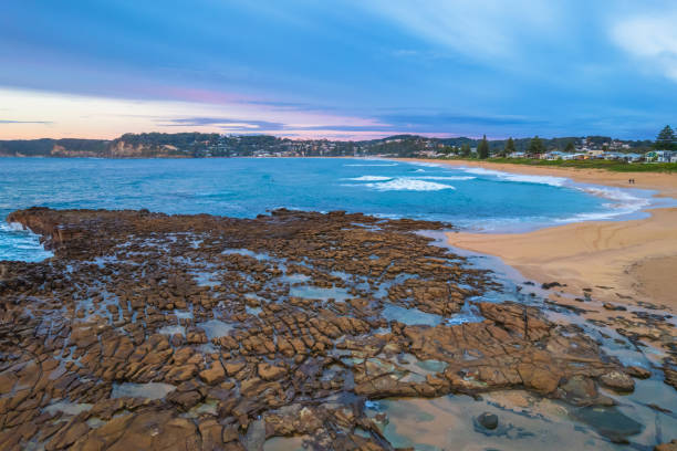 Aerial sunrise seascape with clouds and rock platform Winter Sunrise Seascape from North Avoca Beach on the Central Coast, NSW, Australia. avoca beach photos stock pictures, royalty-free photos & images