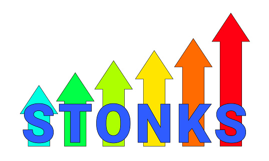 Stonks inscription on the arrows of the growing graph. A modern Internet meme, a neologism meaning a sharp rise in stocks. Business and finance concept.
