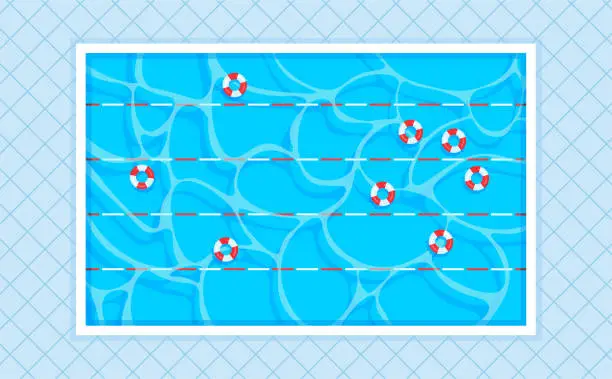 Vector illustration of Rectangular swimming pool with lanes and lifebuoys.