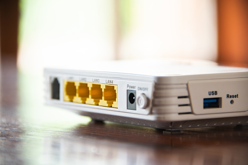 Close-up of a router with LAN plugs