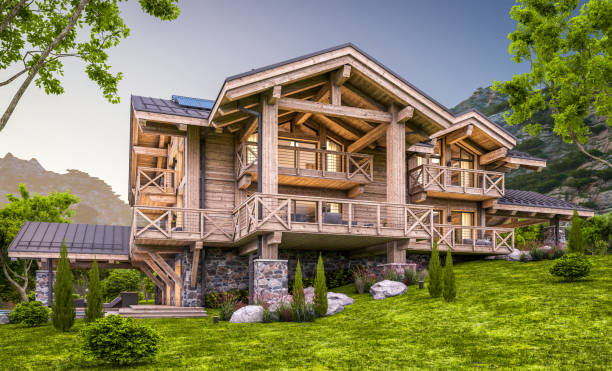 istock 3d rendering of modern cozy chalet in evening 1323010678