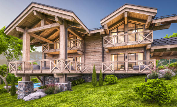 istock 3d rendering of modern cozy chalet in evening 1323010742