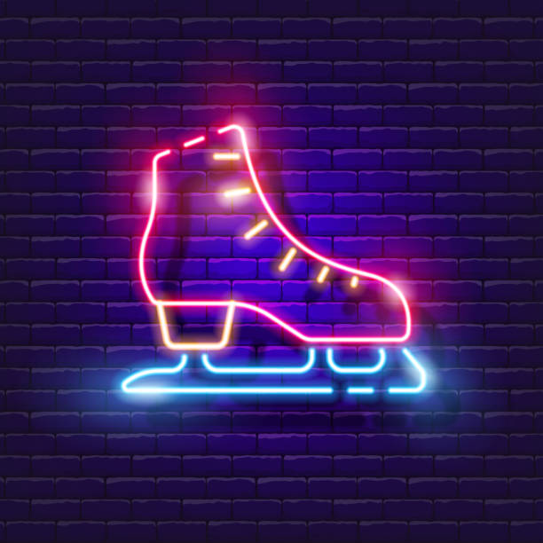 ikona neonów na łyżwach. zimowe łyżwy rekreacyjne na świeżym powietrzu. znak wypożyczenia skate'u. koncepcja sportów zimowych. sportowa łyżwiarstwo figurowe. - ice skating ice skate ice hockey ice stock illustrations