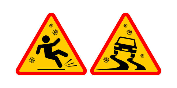 ilustrações de stock, clip art, desenhos animados e ícones de winter slippery road warning sign - skidding bend danger curve