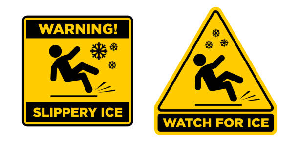 미끄러운 얼음 경고 표지판 - floor wet slippery danger stock illustrations