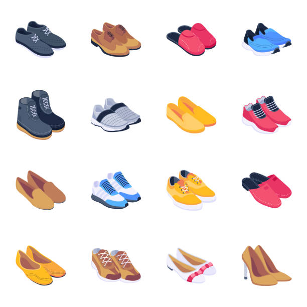 ilustrações de stock, clip art, desenhos animados e ícones de set of shoes and footwear isometric icons - sapato