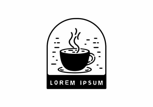 コーヒーカップラインアートバッジデザイン - steam black coffee heat drink点のイラスト素材／クリップアート素材／マンガ素材／アイコン素材