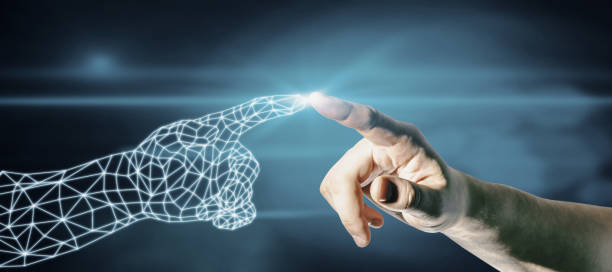 istock Businessman hand pointing at polygonal hand on dark blue background. Robotics and digital transformation concept. 1323019105