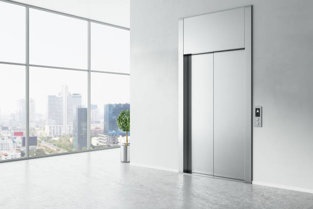 istock Modern office lobby interior with window, city view, lift and daylight. 3D Rendering. 1323020490