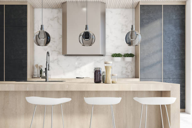istock Modern kitchen interior with island, appliances and daylight. Design concept. 3D Rendering. 1323021206