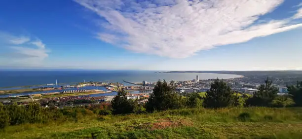 Panoramic view of Swansea's Docks and Marina area of the city from Kilvey Hill to the South.
