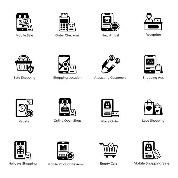 Set of Purchase Glyph Icons A set of shopping and retail in glyph icons fits into any of your design niche relevant to business, trade and ecommerce. Vectors are scalable for your ease. Happy shopping! impulse shopping stock illustrations