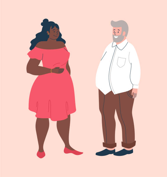 Smiling male and female characters are wearing baggy clothes to hide their fat on pink background Smiling male and female characters are wearing baggy clothes to hide their fat on pink background. Concept of loving your body and supporting body positive movement. Flat cartoon vector illustration plus size woman fashion laughing stock illustrations