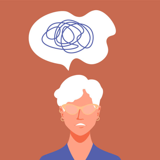 istock Illustrated vector portrait of a sad elderly Caucasian woman with messy thoughts. concept mental problems 1323028974