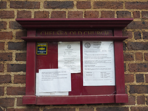 London, Uk - Circa June 2019: Bulletin board at Chelsea Old Church aka All Saints