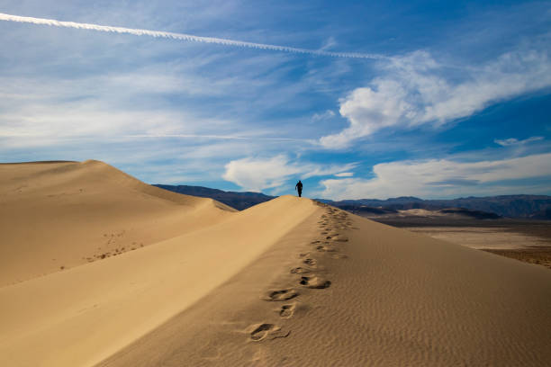 istock Person Walking on Eureka Sand Dunes with a trail of footprints 1323029425