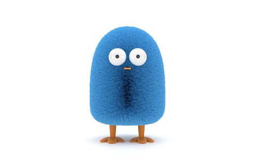3D Blue Furry Bird Character On White Background