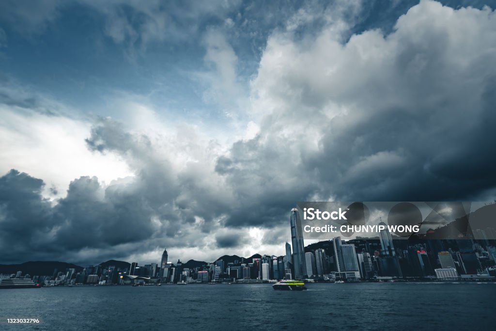 Dark clouds massed victoria harbour of Hong Kong Typhoon Stock Photo