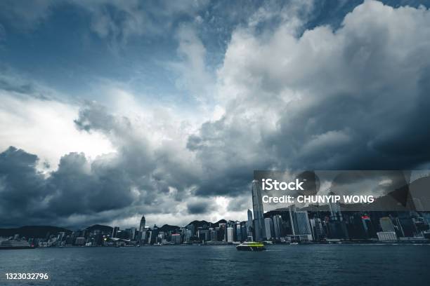 Dark Clouds Massed Victoria Harbour Of Hong Kong Stock Photo - Download Image Now - Typhoon, Hong Kong, Victoria Harbour - Hong Kong