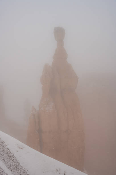 Thors Hammer Stands Obstructed In Snowy Fog in Bryce canyon National Park