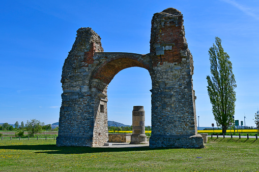 Austria, the public Heidentor aka Heathens Gate is the ruin of a Roman triumphal arch in the former legionary fortress Carnuntum situated on Danube Limes near the village of Petronell in Lower Austria