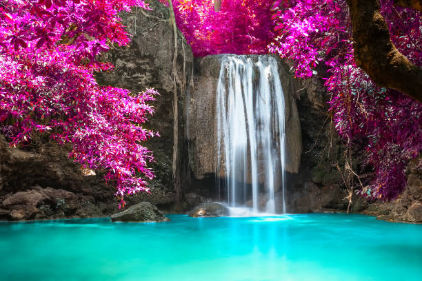 bellissima cascata nella foresta al parco nazionale di erawan in thailandia. - cascata foto e immagini stock