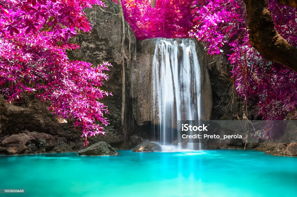 Beautiful waterfall in forest at Erawan National Park in Thailand. Beautiful waterfall in forest at Erawan National Park in Thailand. A beautiful waterfall on the River Kwai. Kanchanaburi, Thailand Waterfall Stock Photo