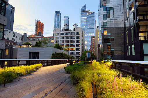 New York, USA -13 May 2021: View of the High Line, an elevated urban park, along old rail track lines in lower Manhattan, NYC. On background 