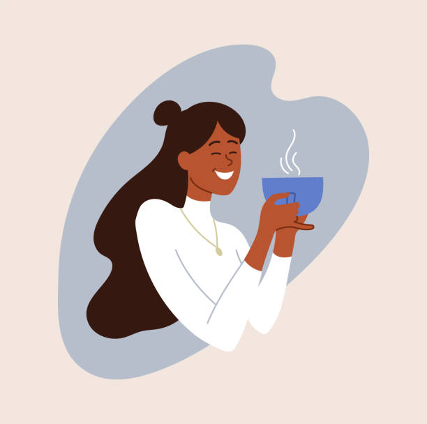 Happy smiling female character is enjoing her coffee Happy smiling female character is enjoing her coffee. Young woman is drinking fresh hot coffee from a big cup. Concept of girls poses in everydays life. Flat cartoon vector illustration resting stock illustrations