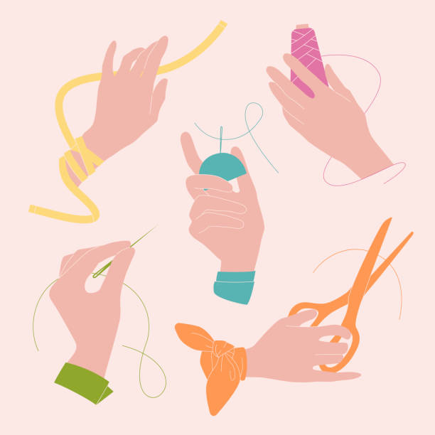 sewing hands Fashion illustration of sewing process. Set of female hands holding needles, threads, scissors. woman stitching stock illustrations