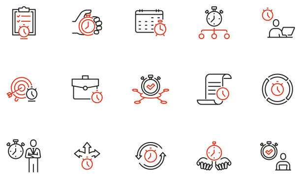 ilustraciones, imágenes clip art, dibujos animados e iconos de stock de vector set of linear icons related to time management, reminder, working hours. pictogramas monolímeros e infografías elementos de diseño - personal organizer illustrations