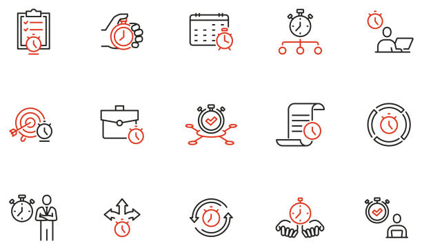 Vector Set of Linear Icons Related to Time Management, Reminder, Working Hours. Mono Line Pictograms and Infographics Design Elements Vector Set of Linear Icons Related to Time Management, Reminder, Working Hours. Mono Line Pictograms and Infographics Design Elements bendable stock illustrations