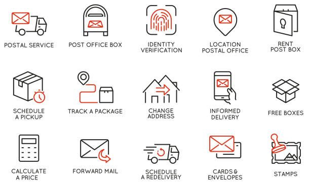 Vector Set of Linear Icons Related to Address Change Post Office and Postal Service. Mono Line Pictograms and Infographics Design Elements Vector Set of Linear Icons Related to Address Change Post Office and Postal Service. Mono Line Pictograms and Infographics Design Elements post office stock illustrations