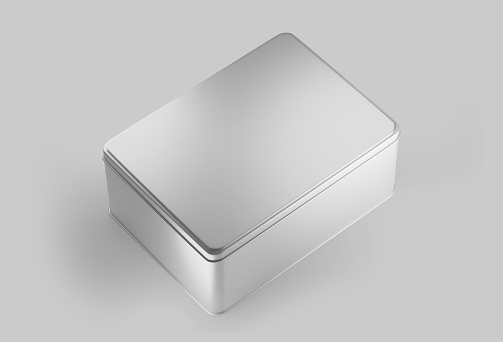 White Rectangular Metal box, blank aluminium can container with lid, 3d rendered isolated on light background