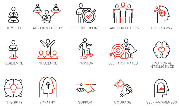 ilustraciones, imágenes clip art, dibujos animados e iconos de stock de vector set of linear icons related to leadership traits, qualities for success. desarrollo y trabajo en equipo. pictogramas monolímeros e infografías elementos de diseño - parte 4 - supervivencia